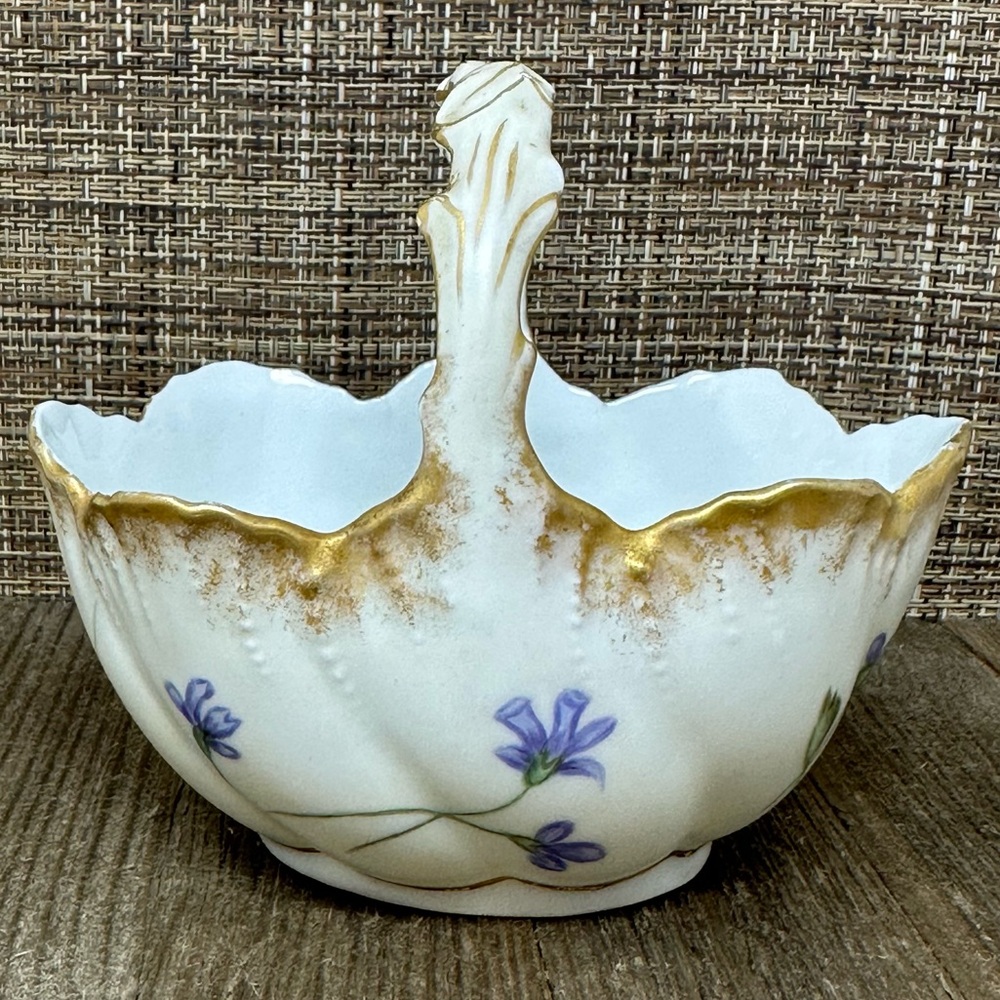 Antique Limoges Porcelain Decorative Bowl Basket Hand-painted Violet Flowers